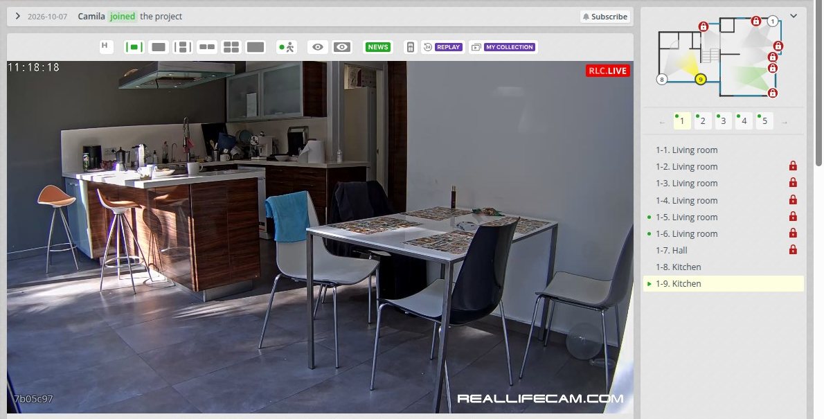 Live-Bild einer Küche auf RealLifeCam mit Zeitstempel und Raumliste rechts daneben