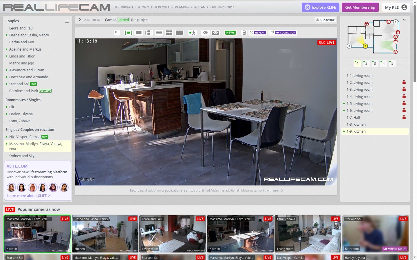 Startseite von RealLifeCam mit Wohnungsliste links, Player in der Mitte und Raumplan rechts